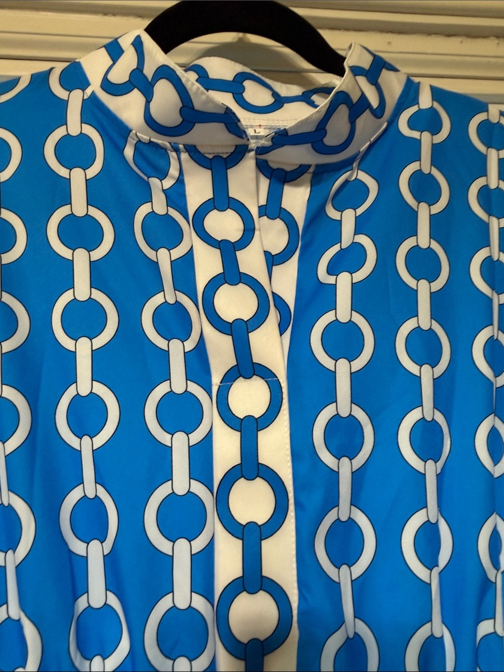 Bright Blue/White Chain-Print Tiered Lightweight Maxi Dress, Large - Picture 3 of 7